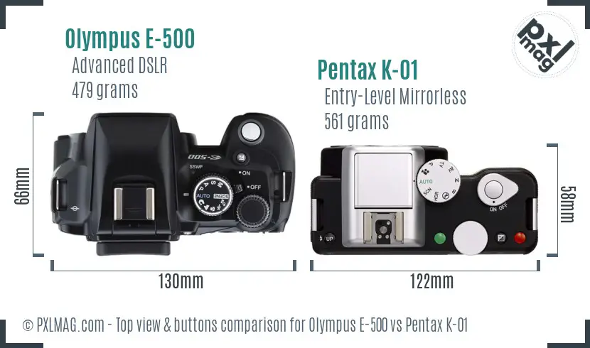 Olympus E-500 vs Pentax K-01 top view buttons comparison