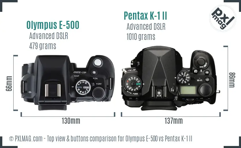 Olympus E-500 vs Pentax K-1 II top view buttons comparison