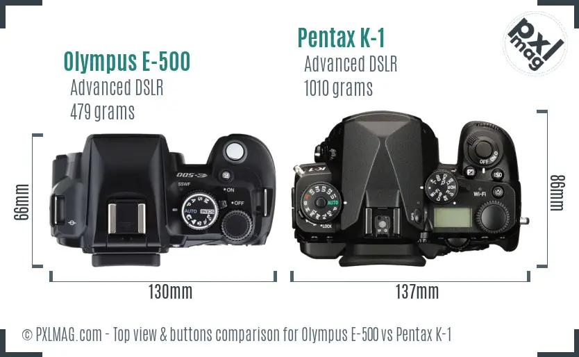 Olympus E-500 vs Pentax K-1 top view buttons comparison