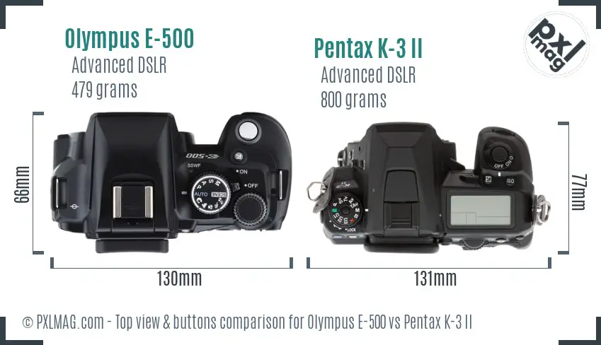 Olympus E-500 vs Pentax K-3 II top view buttons comparison