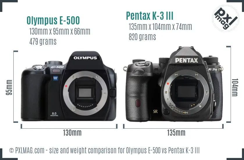 Olympus E-500 vs Pentax K-3 III size comparison