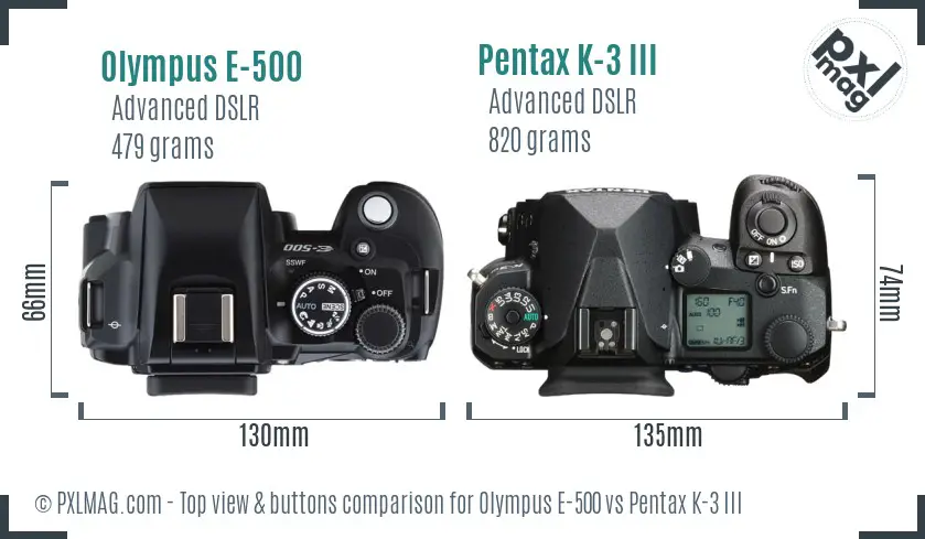 Olympus E-500 vs Pentax K-3 III top view buttons comparison