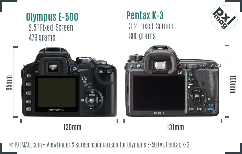 Olympus E-500 vs Pentax K-3 Screen and Viewfinder comparison