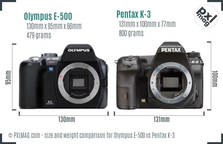 Olympus E-500 vs Pentax K-3 size comparison