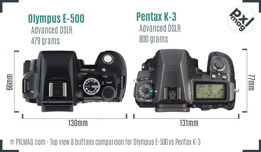 Olympus E-500 vs Pentax K-3 top view buttons comparison