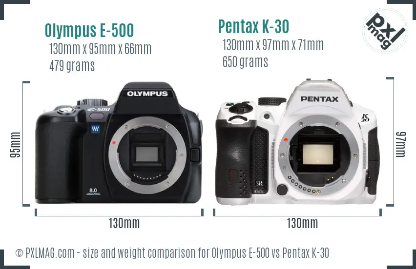 Olympus E-500 vs Pentax K-30 size comparison