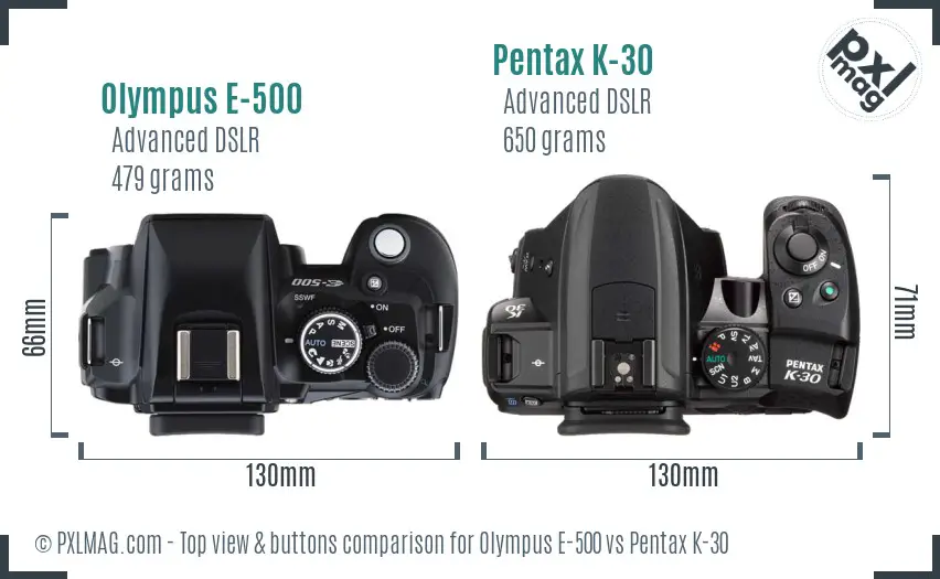 Olympus E-500 vs Pentax K-30 top view buttons comparison