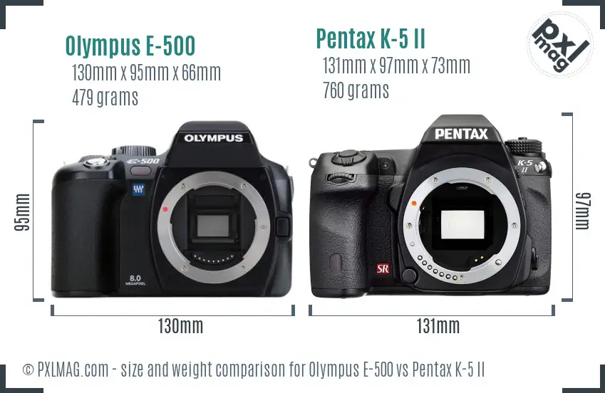 Olympus E-500 vs Pentax K-5 II size comparison