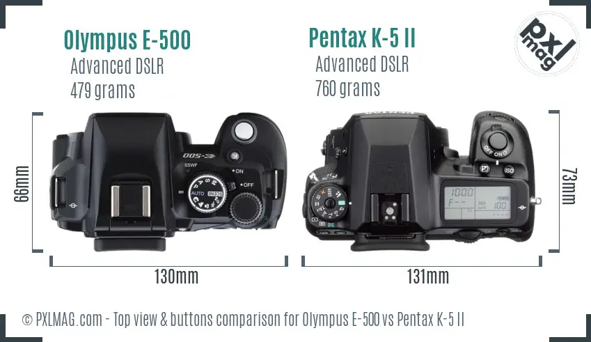 Olympus E-500 vs Pentax K-5 II top view buttons comparison