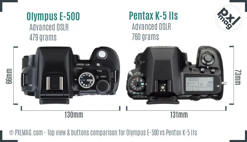 Olympus E-500 vs Pentax K-5 IIs top view buttons comparison