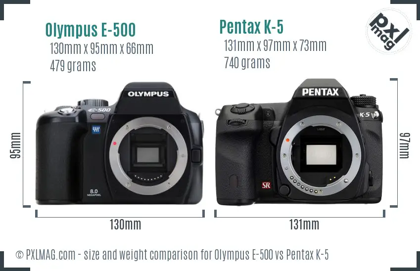 Olympus E-500 vs Pentax K-5 size comparison