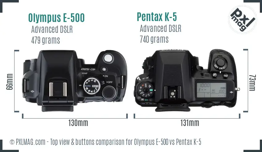 Olympus E-500 vs Pentax K-5 top view buttons comparison