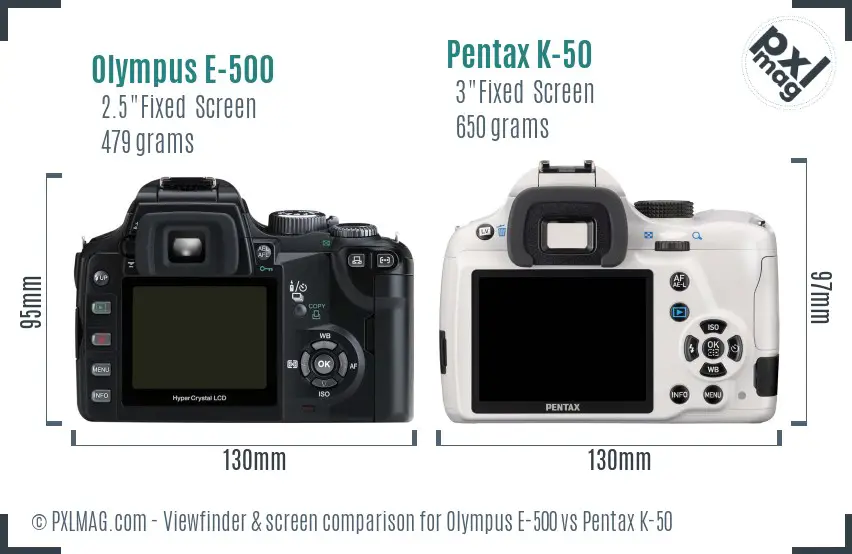 Olympus E-500 vs Pentax K-50 Screen and Viewfinder comparison