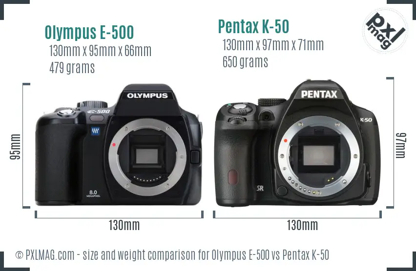 Olympus E-500 vs Pentax K-50 size comparison