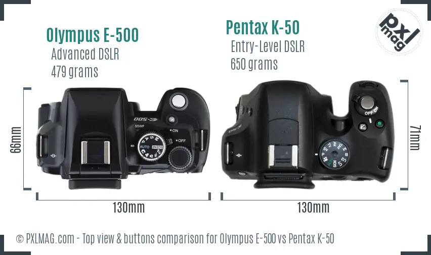 Olympus E-500 vs Pentax K-50 top view buttons comparison