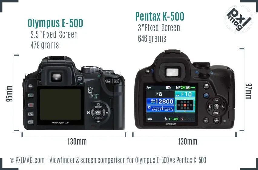 Olympus E-500 vs Pentax K-500 Screen and Viewfinder comparison