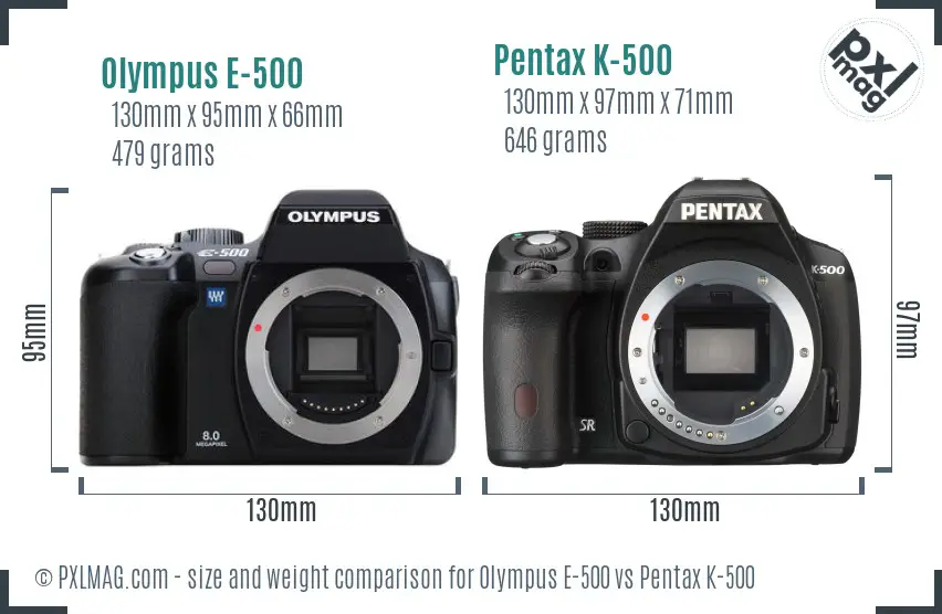Olympus E-500 vs Pentax K-500 size comparison