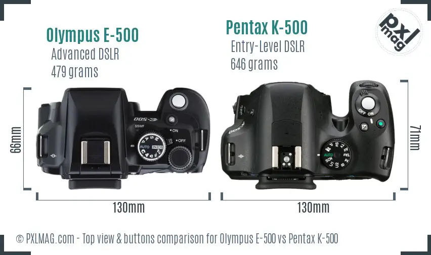 Olympus E-500 vs Pentax K-500 top view buttons comparison