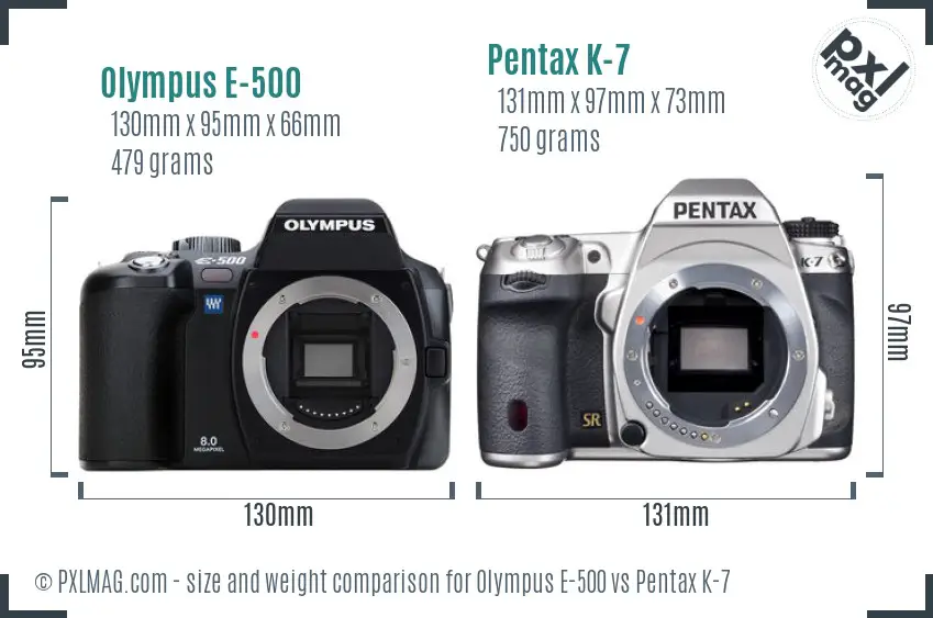 Olympus E-500 vs Pentax K-7 size comparison