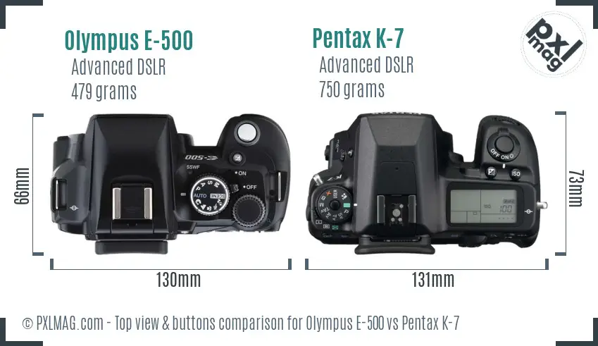 Olympus E-500 vs Pentax K-7 top view buttons comparison