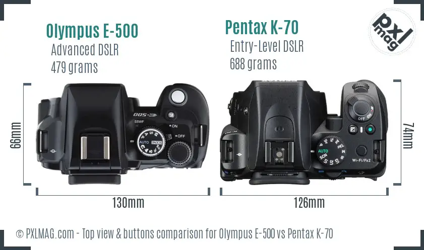 Olympus E-500 vs Pentax K-70 top view buttons comparison