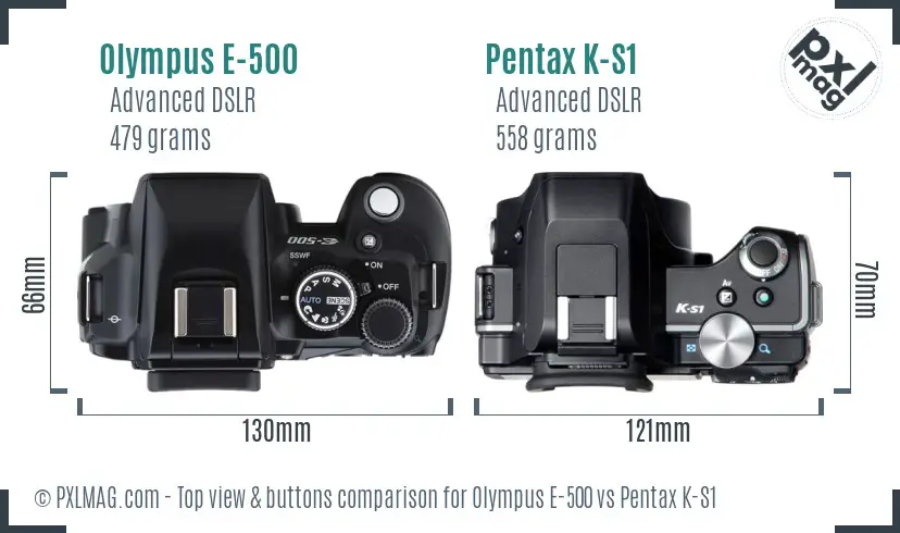 Olympus E-500 vs Pentax K-S1 top view buttons comparison