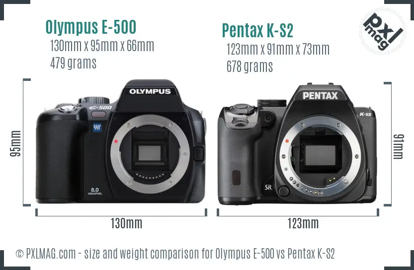 Olympus E-500 vs Pentax K-S2 size comparison