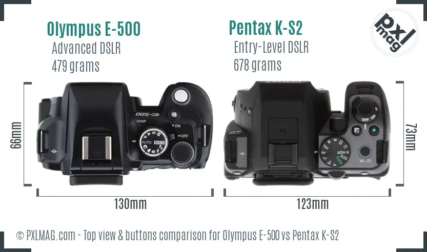 Olympus E-500 vs Pentax K-S2 top view buttons comparison