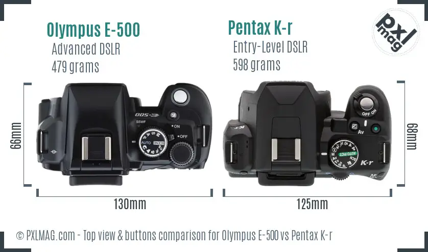 Olympus E-500 vs Pentax K-r top view buttons comparison