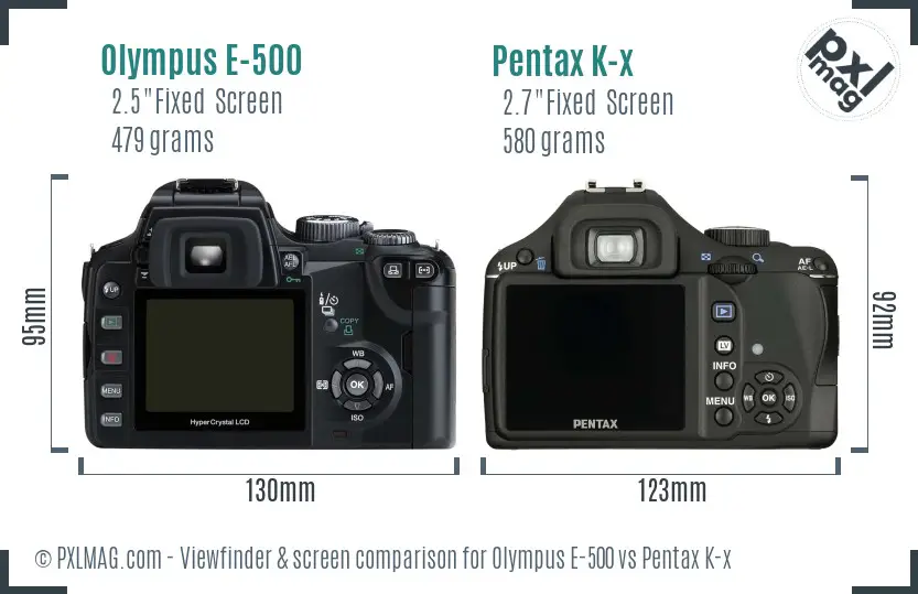 Olympus E-500 vs Pentax K-x Screen and Viewfinder comparison