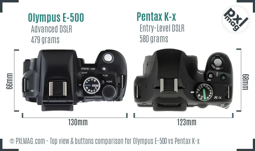 Olympus E-500 vs Pentax K-x top view buttons comparison
