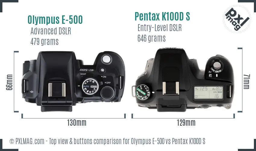 Olympus E-500 vs Pentax K100D S top view buttons comparison