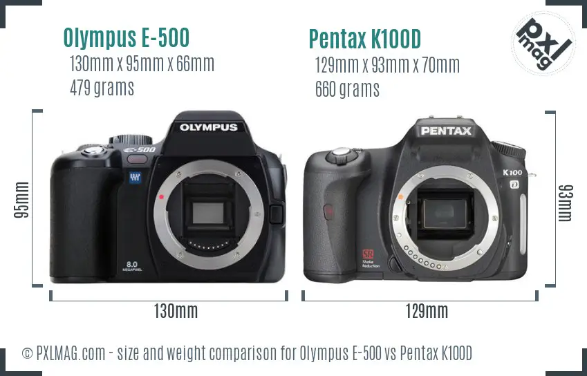 Olympus E-500 vs Pentax K100D size comparison
