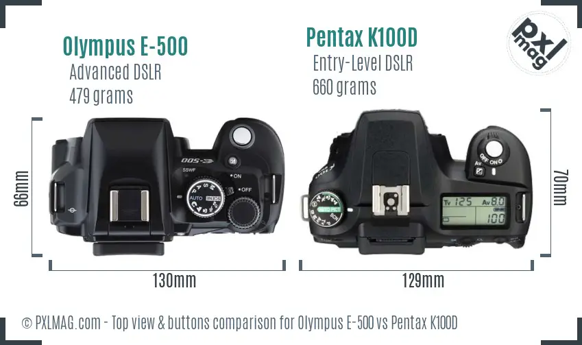 Olympus E-500 vs Pentax K100D top view buttons comparison