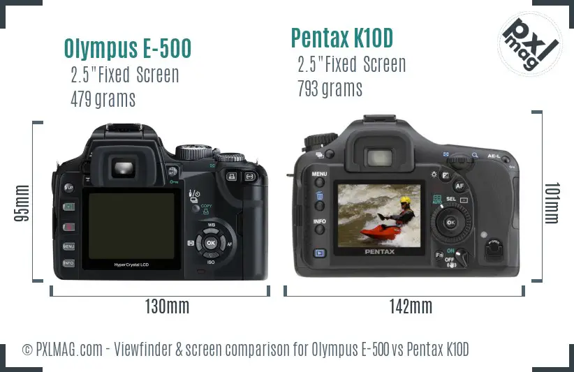 Olympus E-500 vs Pentax K10D Screen and Viewfinder comparison