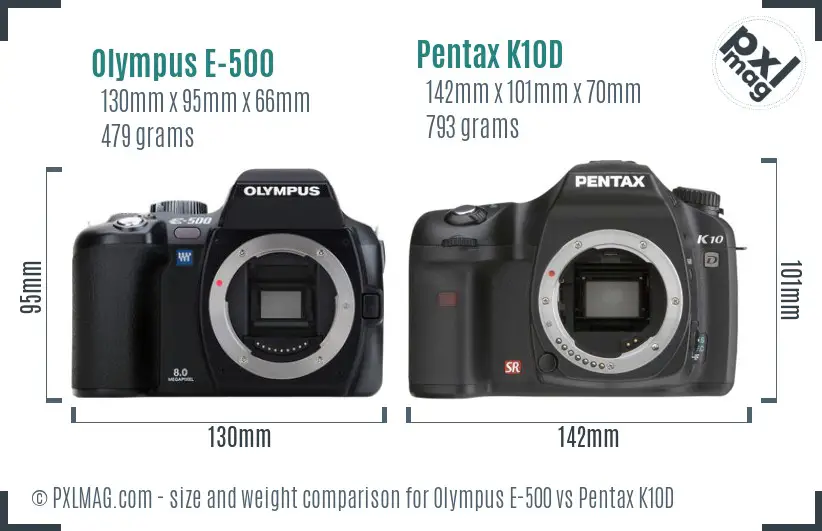 Olympus E-500 vs Pentax K10D size comparison