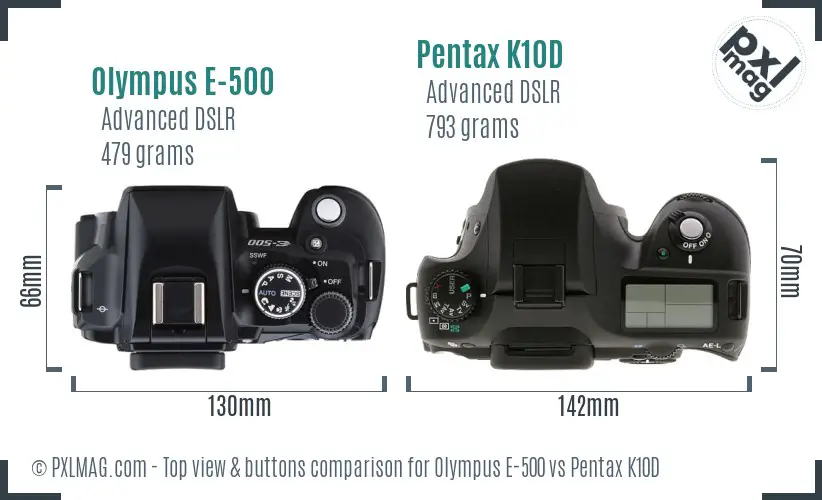 Olympus E-500 vs Pentax K10D top view buttons comparison