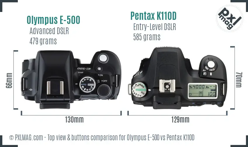 Olympus E-500 vs Pentax K110D top view buttons comparison