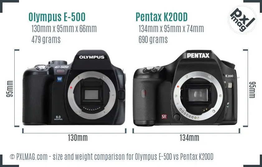Olympus E-500 vs Pentax K200D size comparison