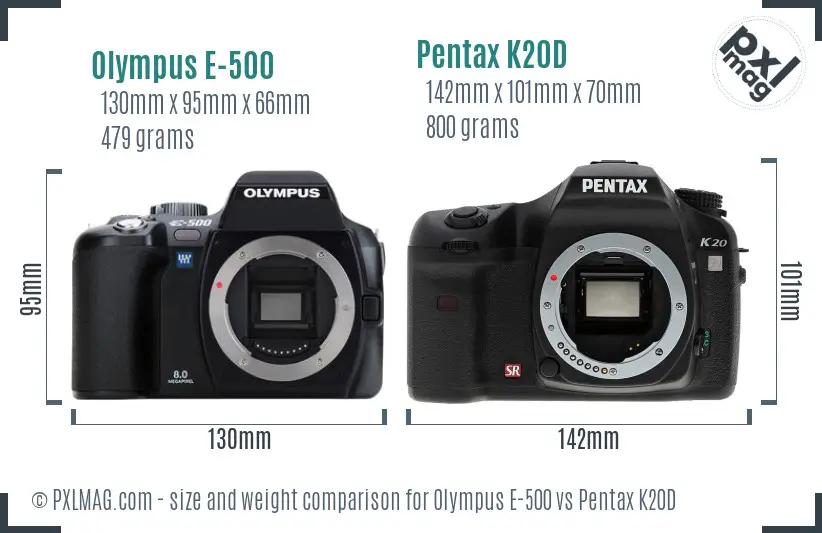 Olympus E-500 vs Pentax K20D size comparison