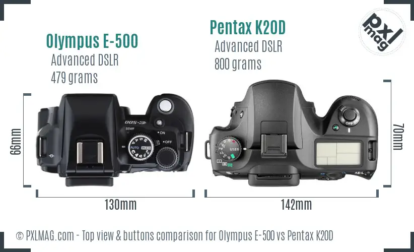 Olympus E-500 vs Pentax K20D top view buttons comparison