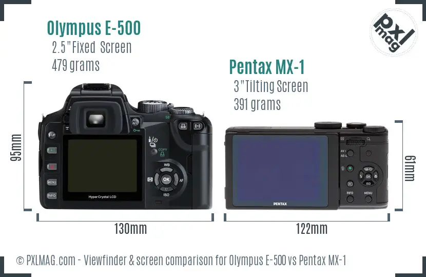 Olympus E-500 vs Pentax MX-1 Screen and Viewfinder comparison