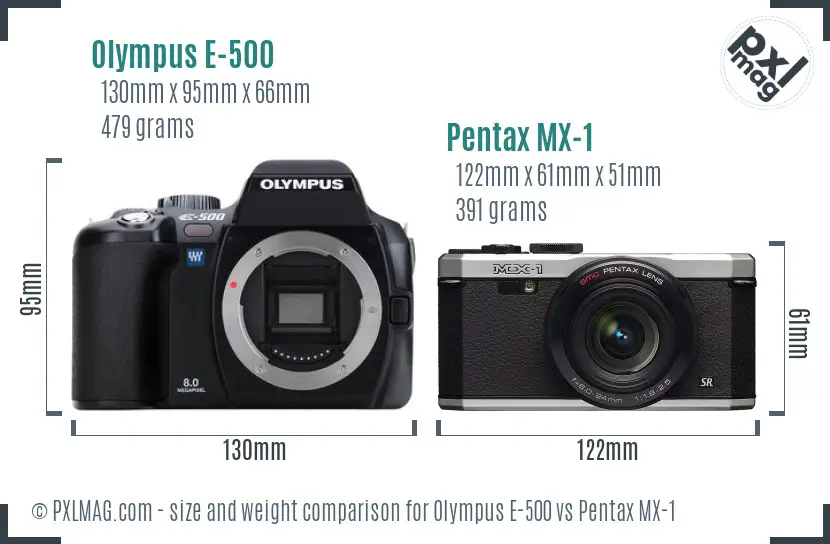 Olympus E-500 vs Pentax MX-1 size comparison