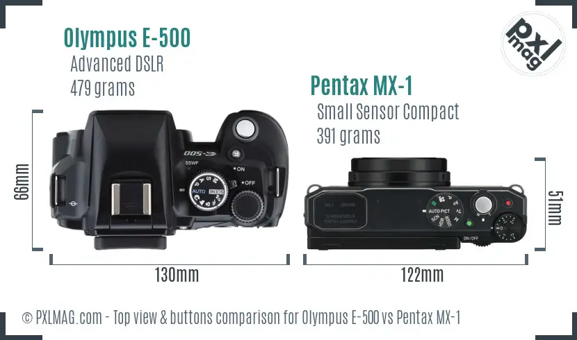 Olympus E-500 vs Pentax MX-1 top view buttons comparison