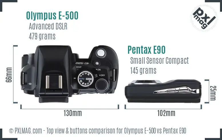 Olympus E-500 vs Pentax E90 top view buttons comparison