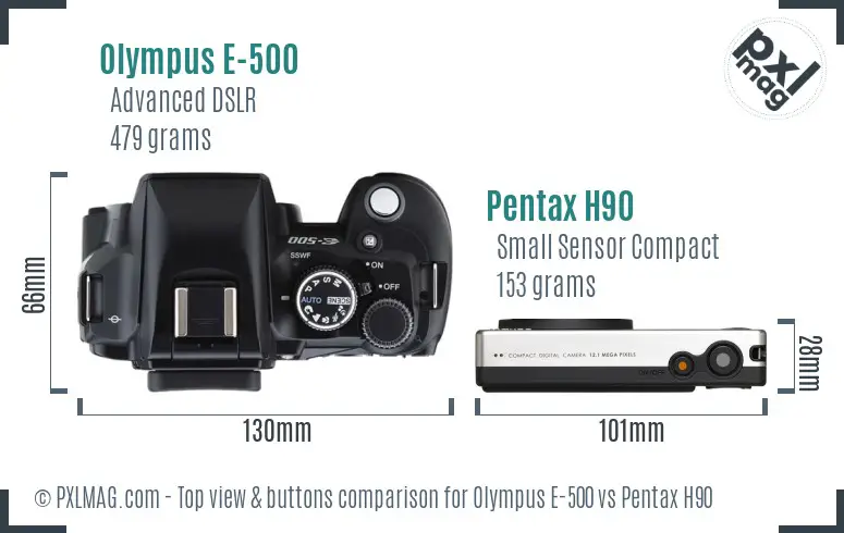 Olympus E-500 vs Pentax H90 top view buttons comparison