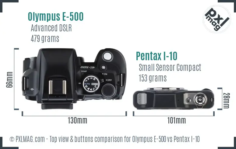 Olympus E-500 vs Pentax I-10 top view buttons comparison