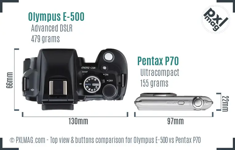 Olympus E-500 vs Pentax P70 top view buttons comparison