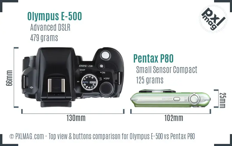 Olympus E-500 vs Pentax P80 top view buttons comparison