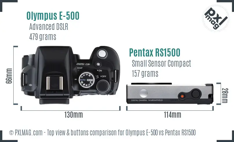 Olympus E-500 vs Pentax RS1500 top view buttons comparison